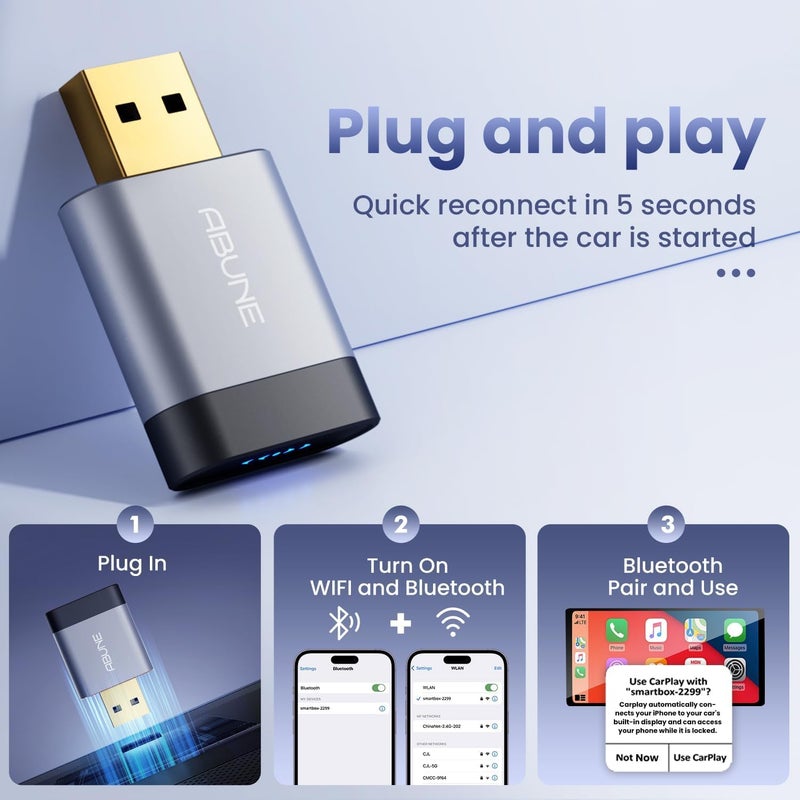 Abune 2025 Mini Wireless CarPlay Adapter for iPhone & Android Auto, Easy to Use Bluetooth Dongle with Fast Stable Connection, Converts Wired to Wireless Car Play Adapter, for 2016+ Vehicles with USB-A/C - Image 4